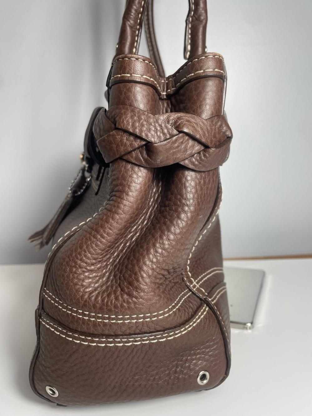 Coach Hampton Brown Pebbled Leather Shoulder Braided Satchel. - Picture 11 of 13
